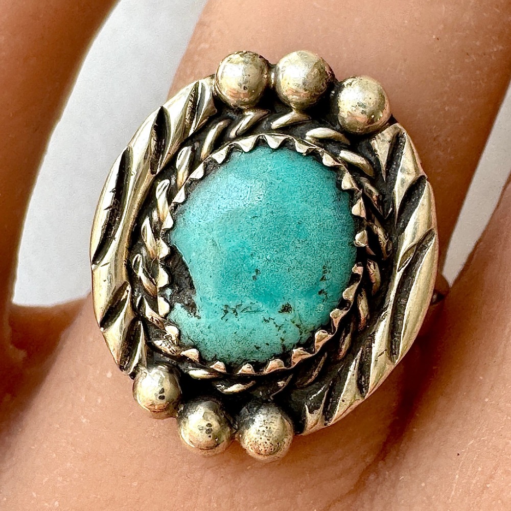 Navajo Turquoise Ring Sz 7 Sterling Begay Native American Tooled Rope Bezel‎